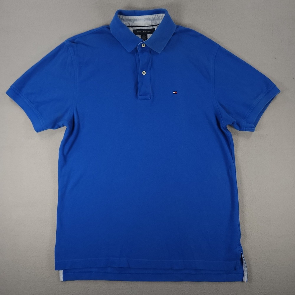 Tommy Hilfiger Polo Shirt Mens M Blue Short Sleeve Cotton Flag Logo Classic